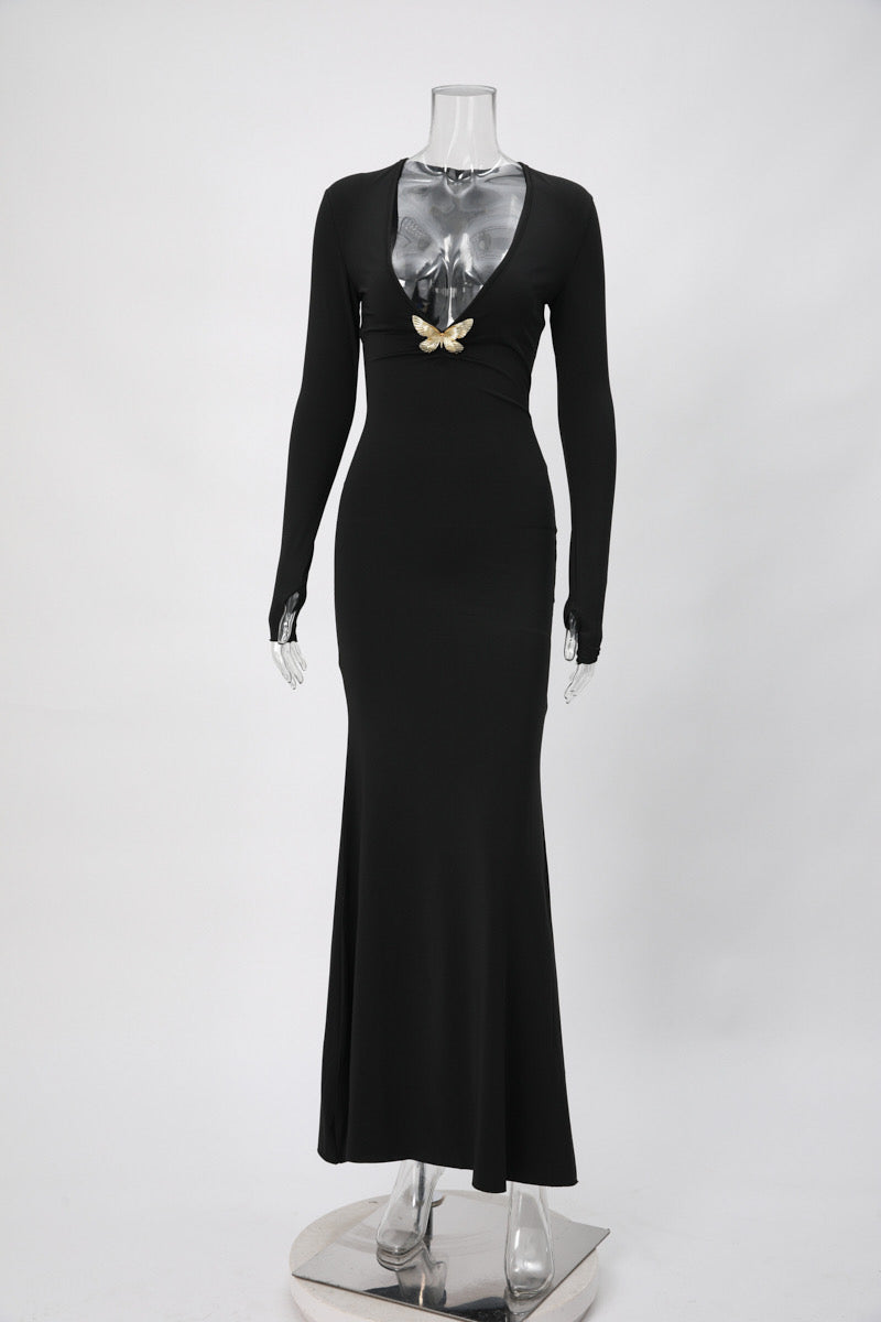 Robe longue sexy moulante avec décolleté en V profond, légère élasticité, détails papillon en métal et manches à passe-pouce