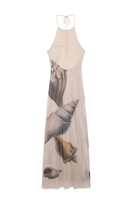 Robe midi dos nu à imprimé coquillage, sans élasticité