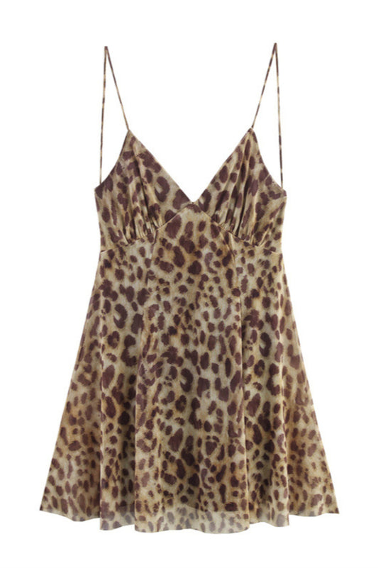 Mini-robe sexy à imprimé léopard, non extensible, à lacets